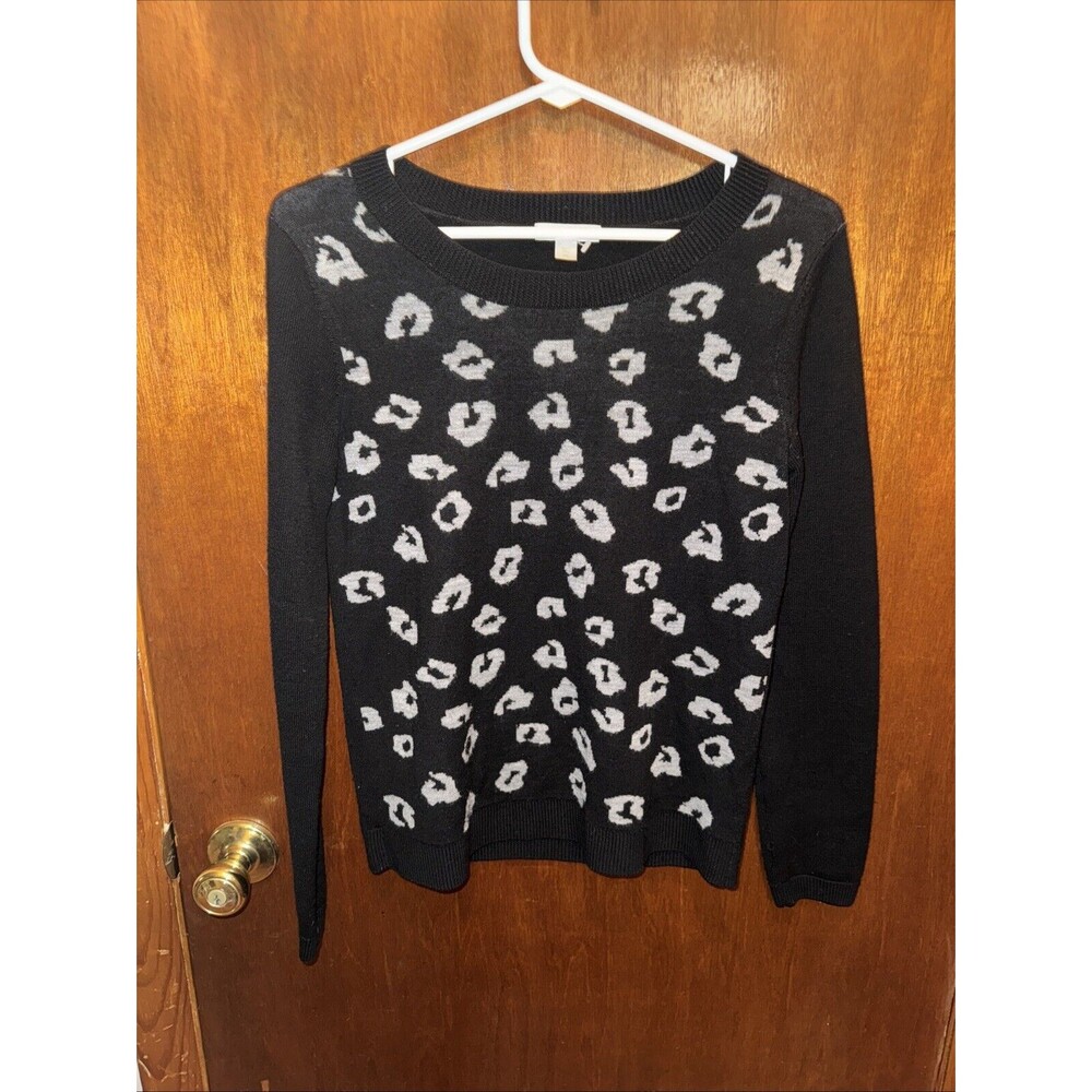Garnet Hill Womens Black 100% Wool Leopard Print Sweater Size XS